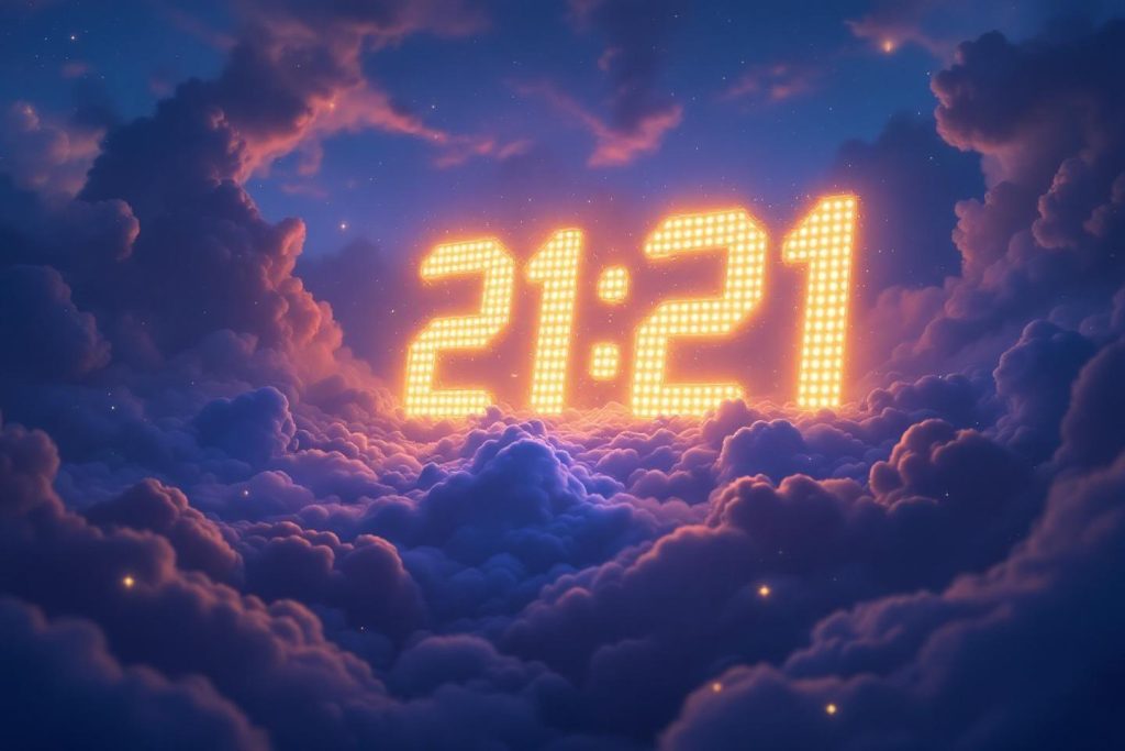 Chiffres lumineux 21:21 au milieu de nuages bleus et roses