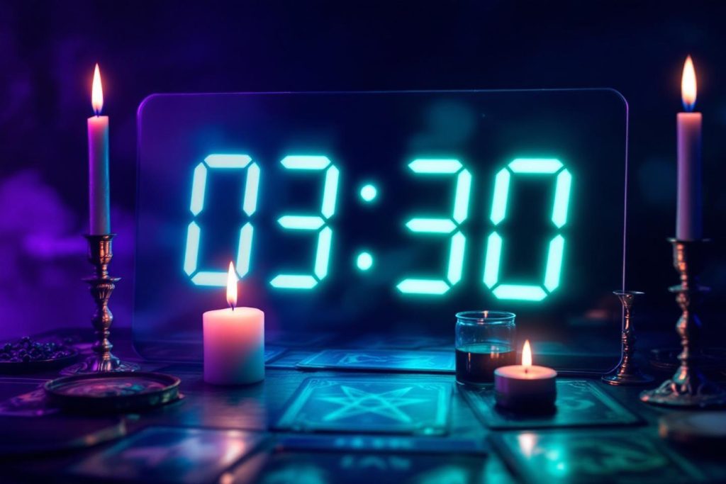 Écran digital affichant 03h30 entouré de bougies allumées
