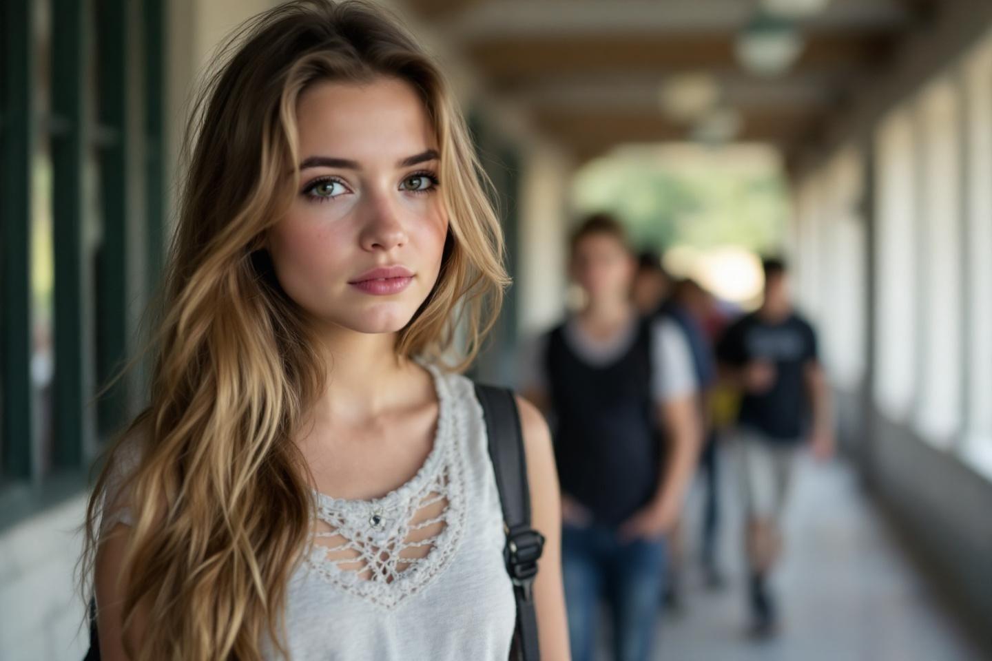 Étudiante pensive portant un haut blanc, couloir en arrière-plan