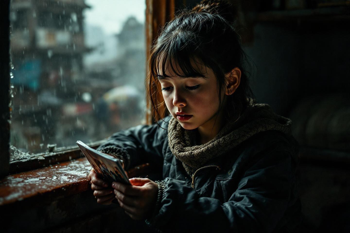 Adolescente absorbée dans son téléphone sous la pluie
