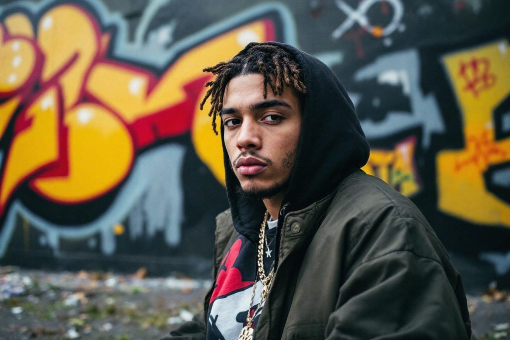 Portrait d'un jeune avec dreadlocks et capuche près de graffitis