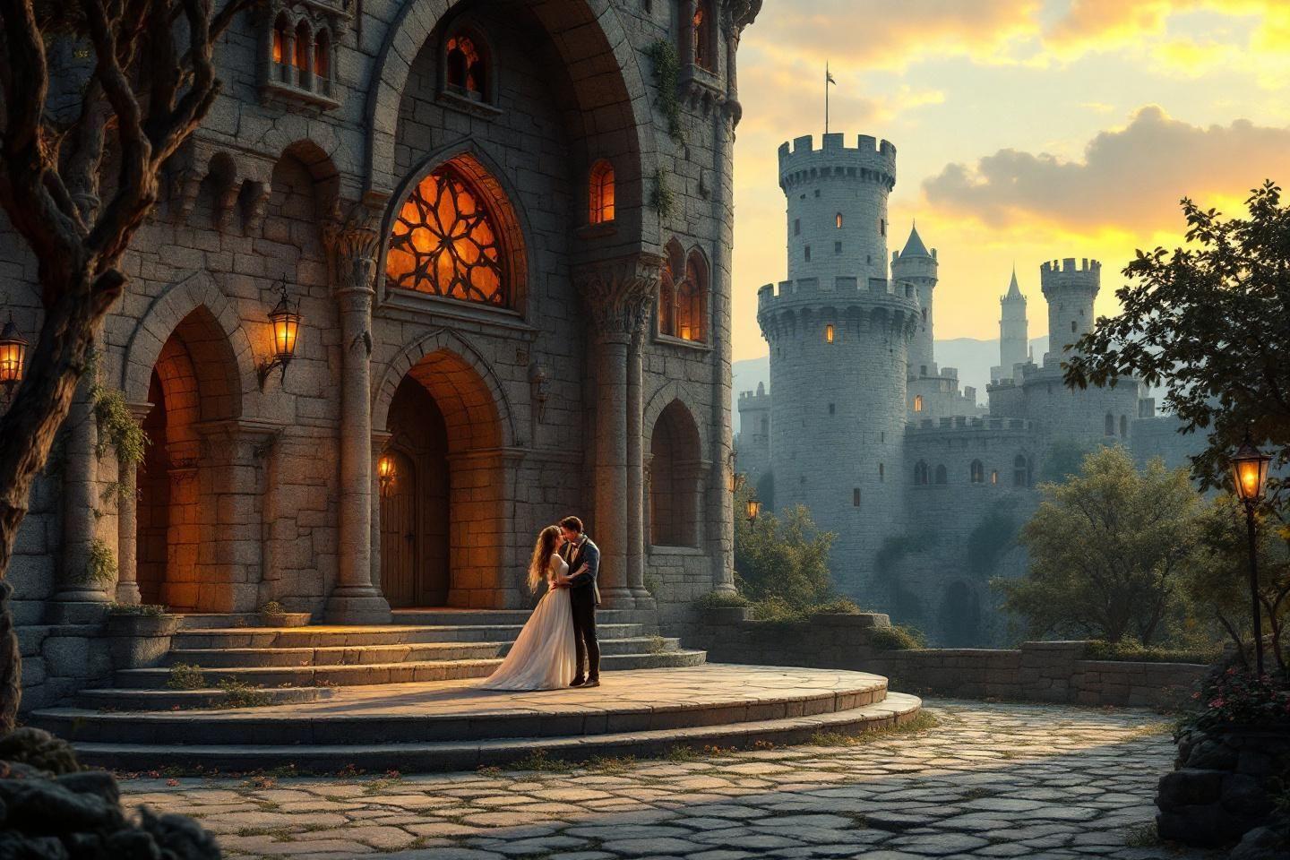 Couple enlacé devant un château médiéval au crépuscule