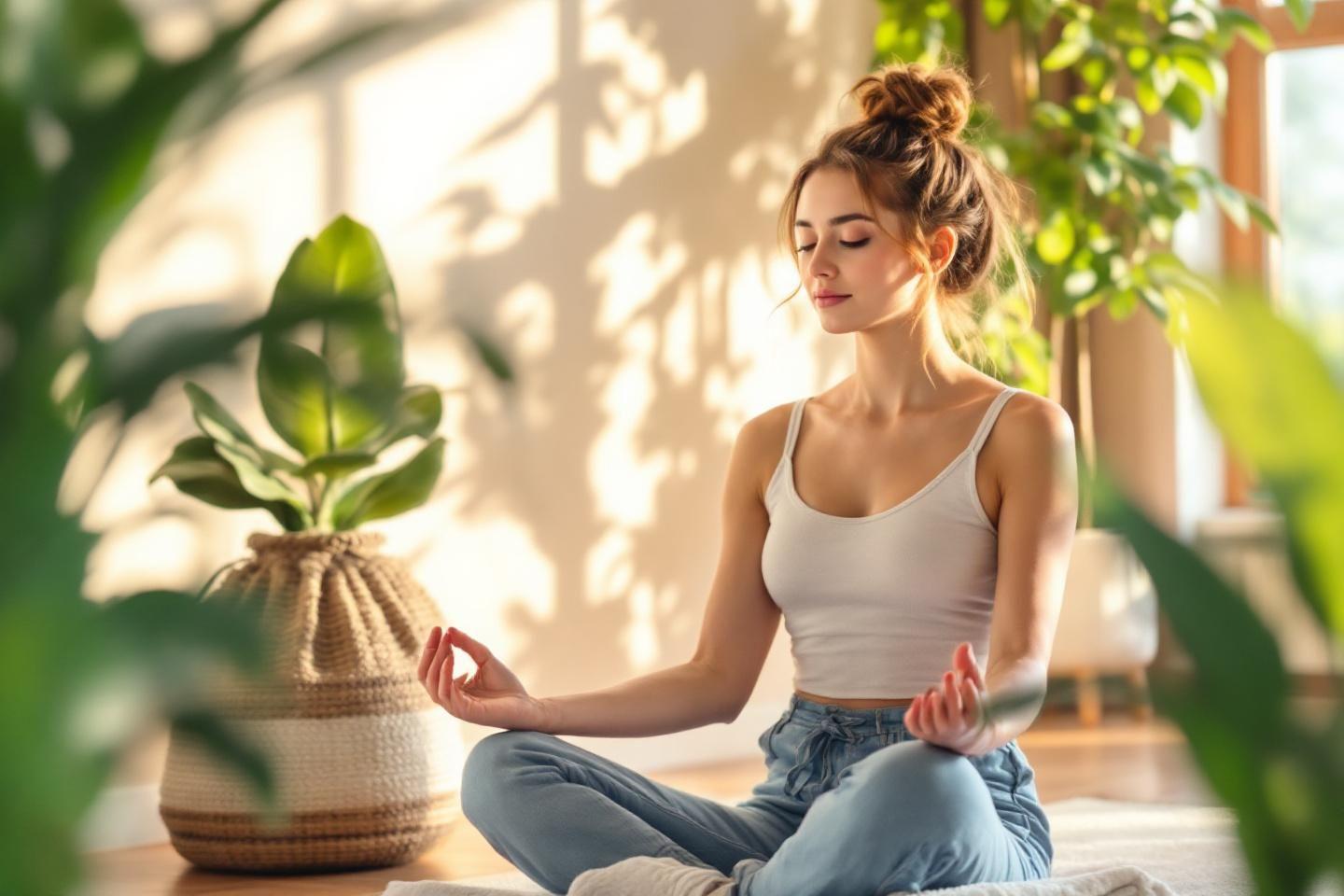 Femme méditant en position de lotus près de plantes d'intérieur