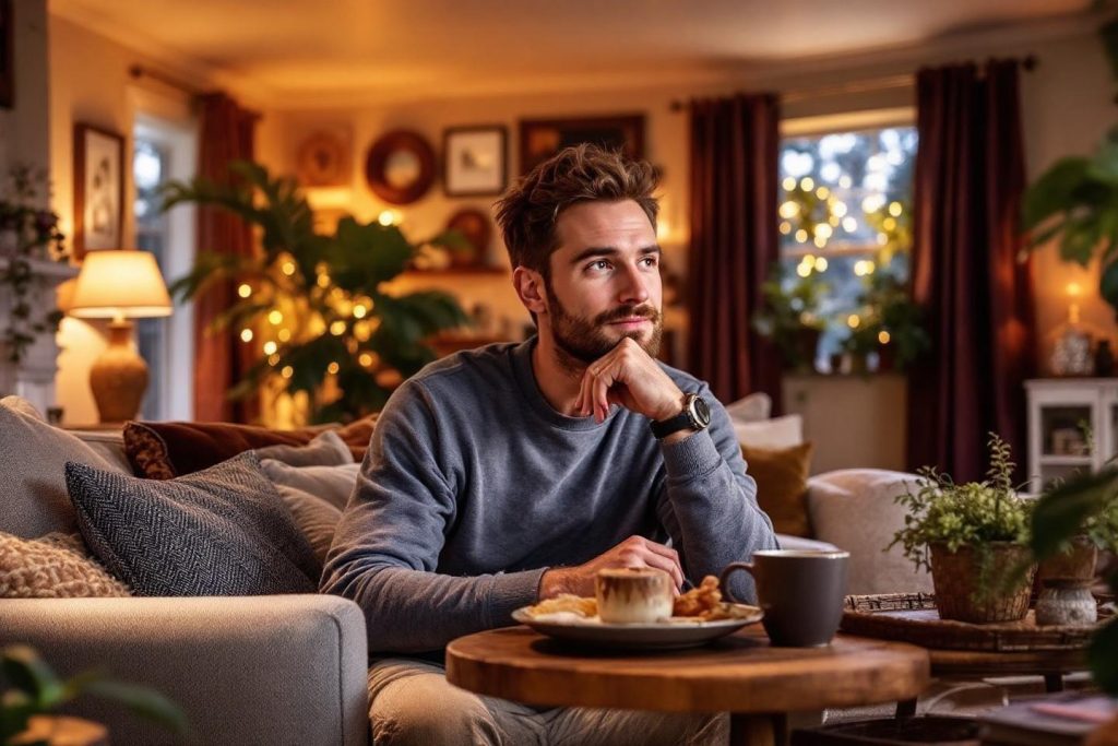 Homme méditatif avec café sur table en bois