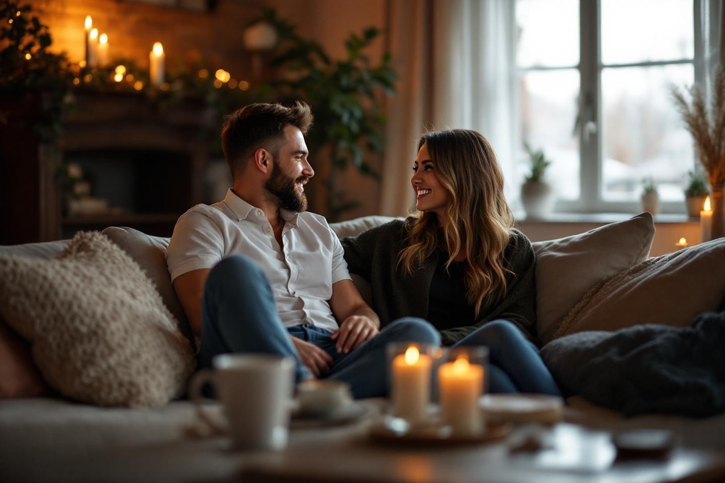 Couple souriant, assis sur un canapé, lumière chaleureuse