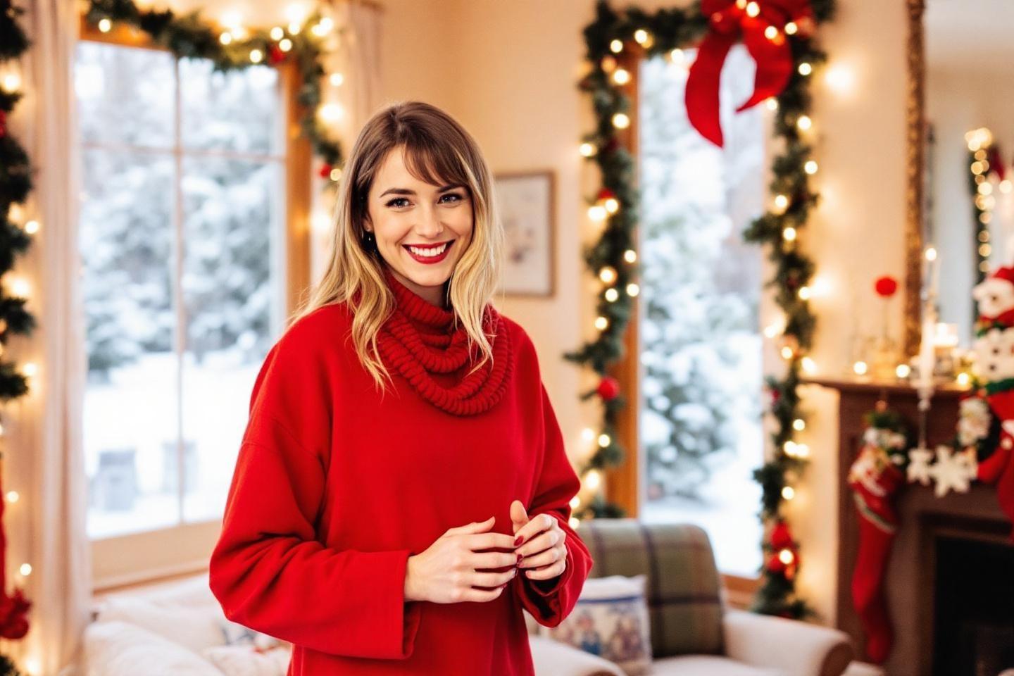 Femme souriante en pull rouge, décoration de Noël en arrière-plan