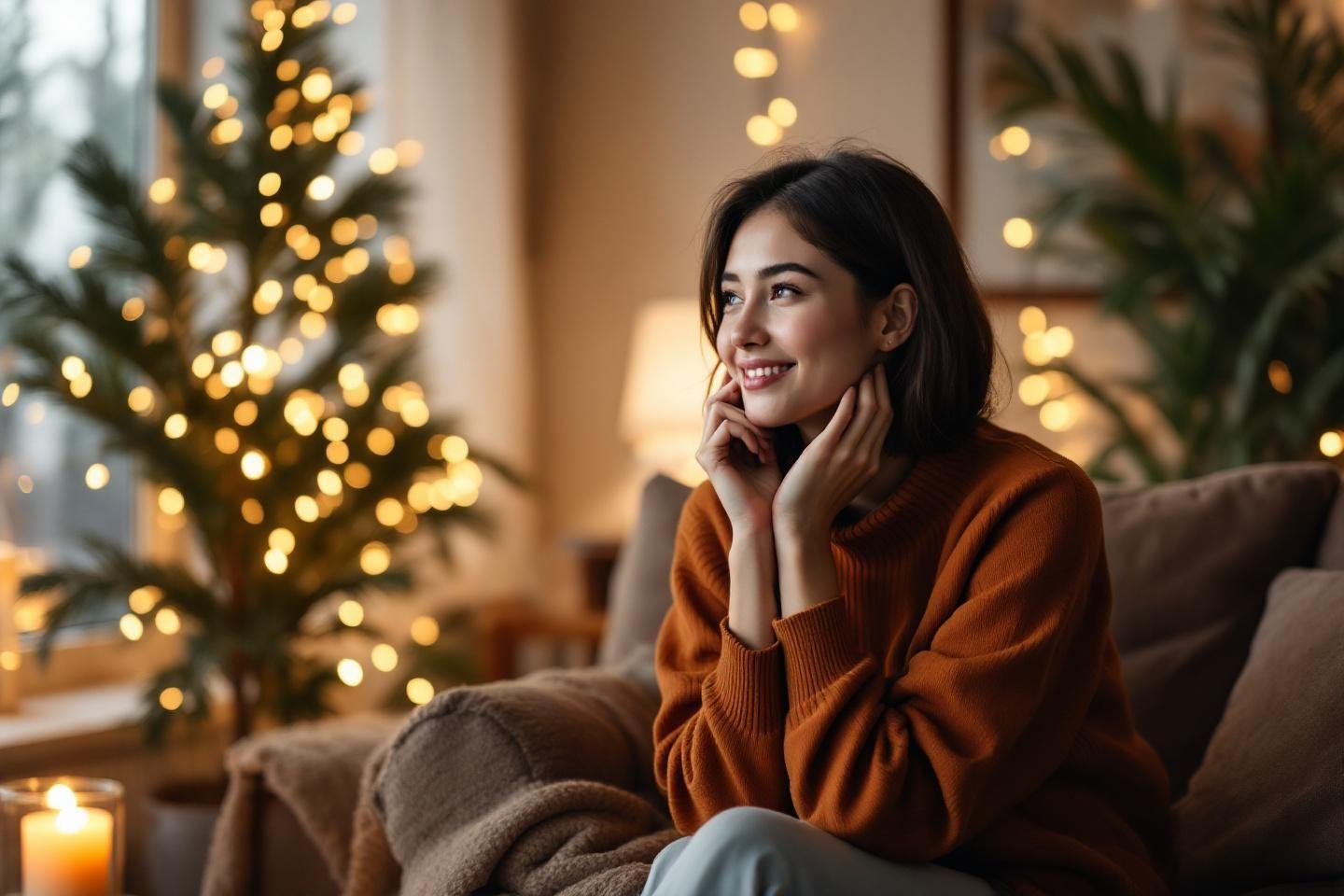 Femme souriante dans un pull orange près d'un sapin lumineux