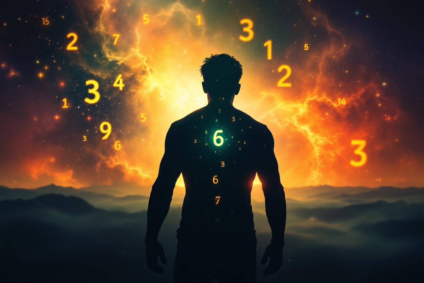 Silhouette humaine avec des numéros flottants devant un ciel explosif