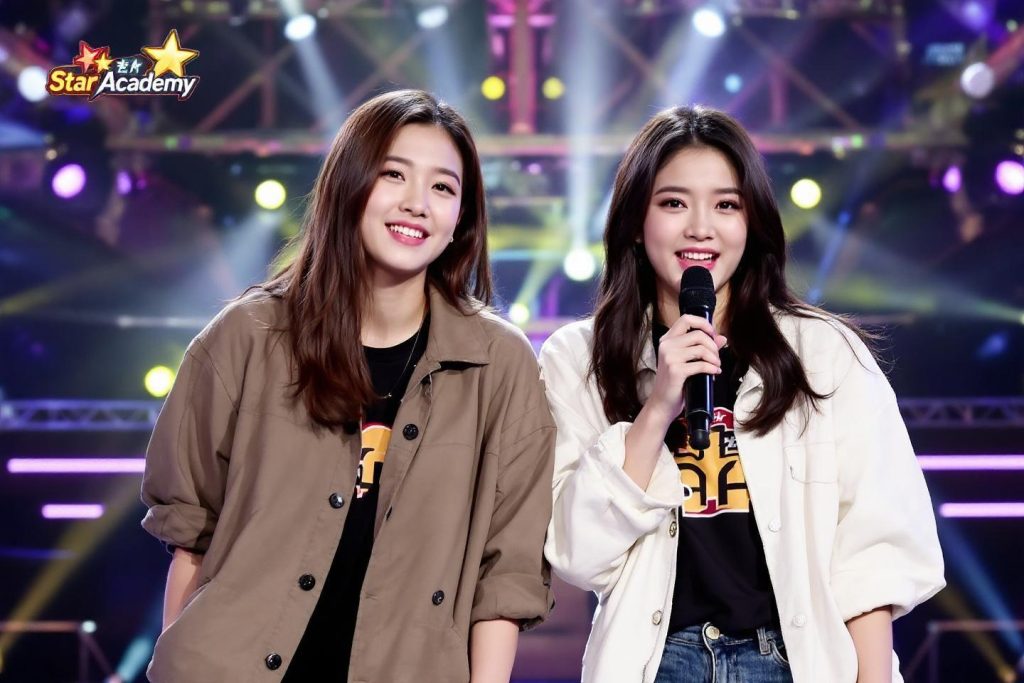 Deux jeunes femmes sur scène avec microphone et éclairages