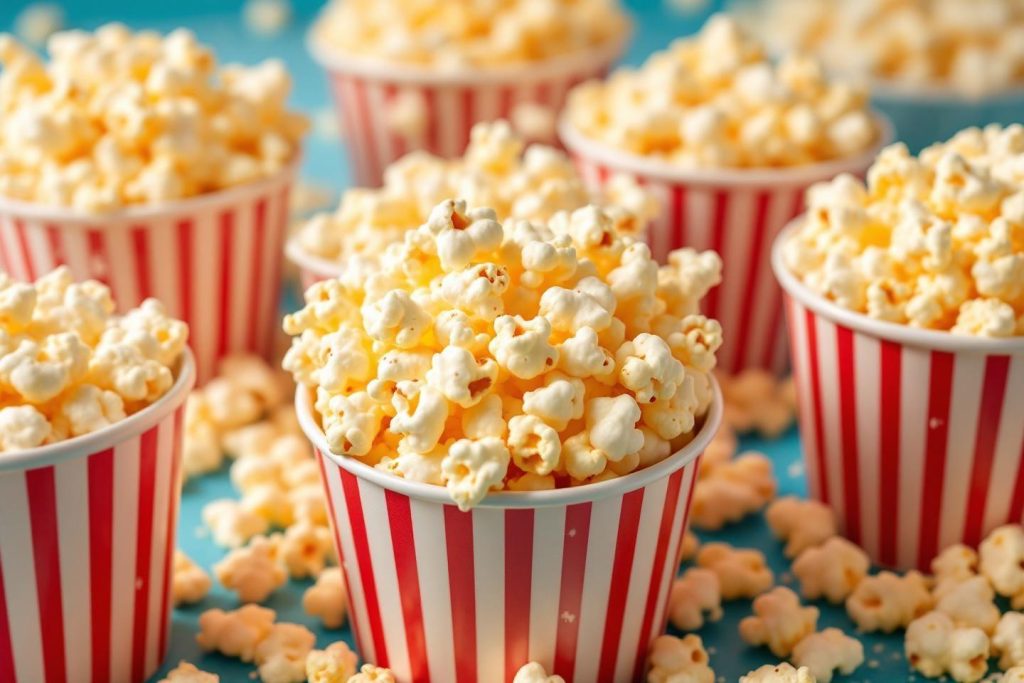 Plusieurs gobelets rayés rouges et blancs remplis de pop-corn