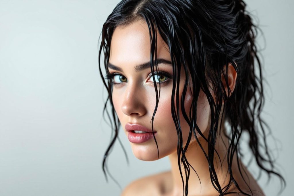 Visage féminin intense avec chevelure noire humide