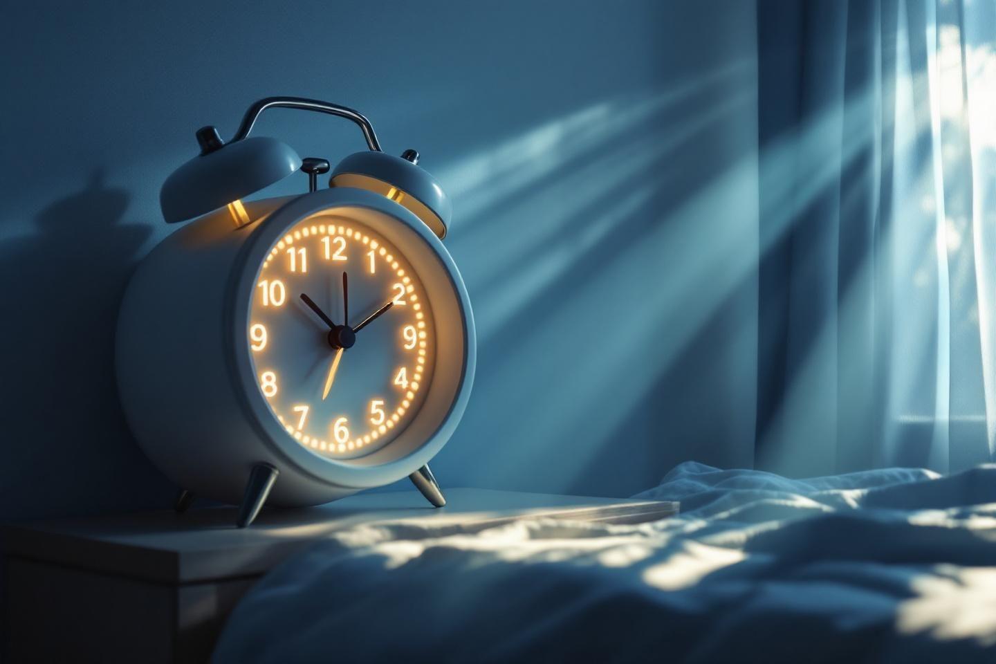 Réveil bleu brillant sur un lit au petit jour