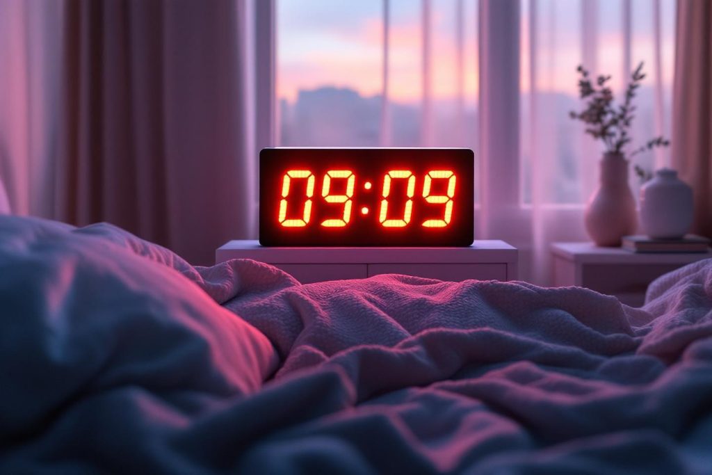 Horloge numérique rouge affichant 9h09 près d'un lit