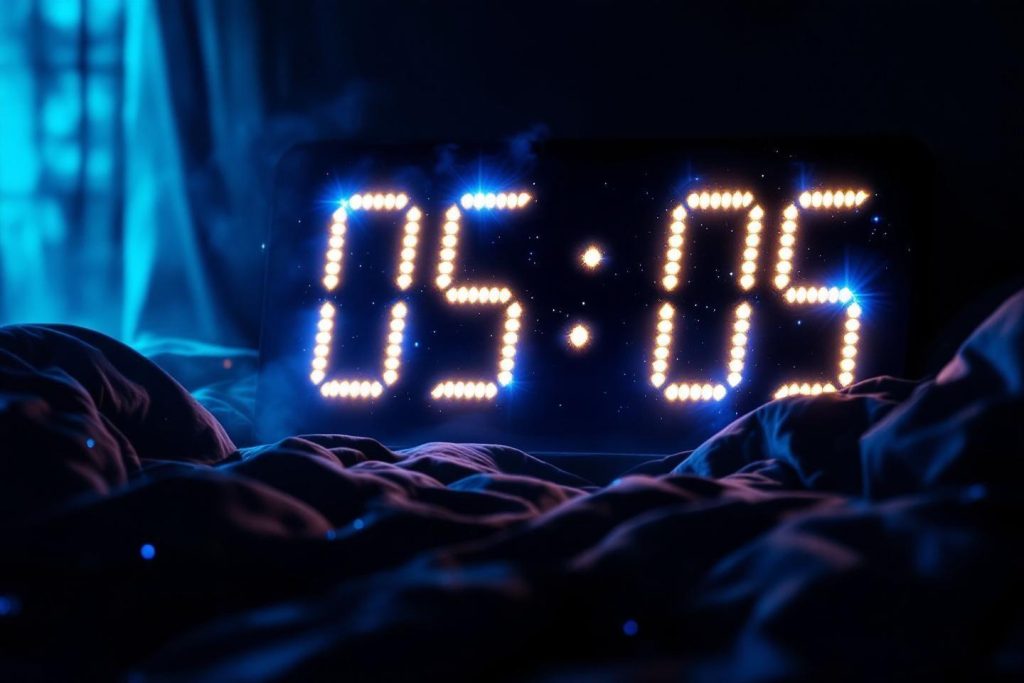 Horloge numérique affichant 05:05 dans un environnement sombre
