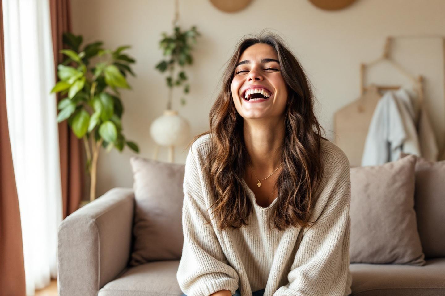 Femme souriante dans un pull beige, assise dans un salon lumineux