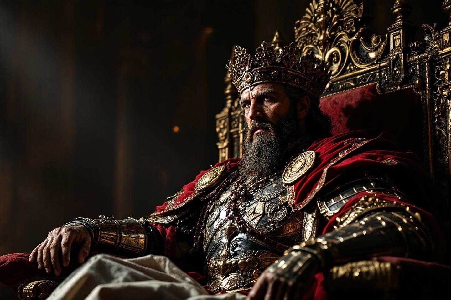 Monarque barbu avec couronne et armure sur trône doré