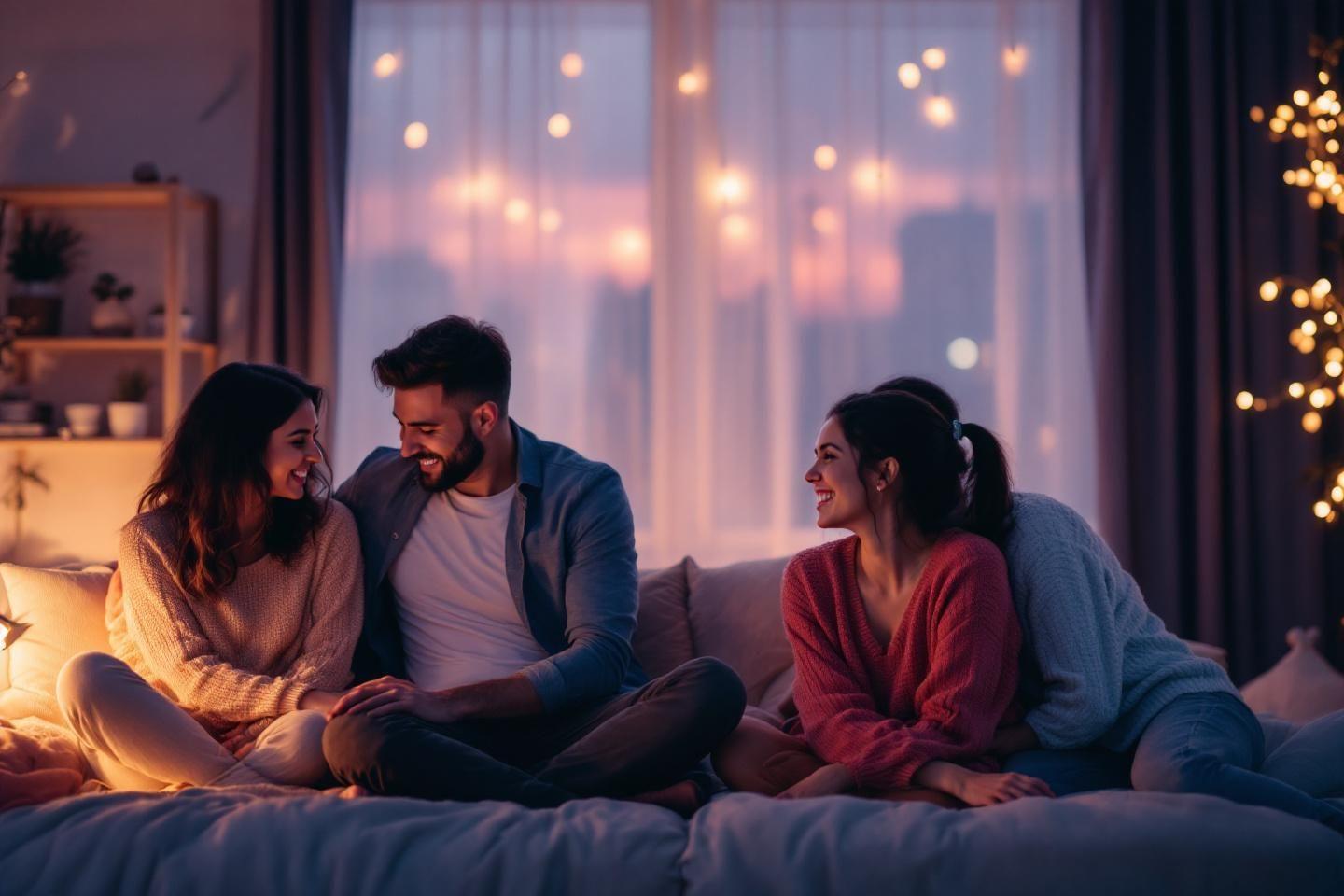 Trois personnes souriantes ensemble sur un canapé confortable