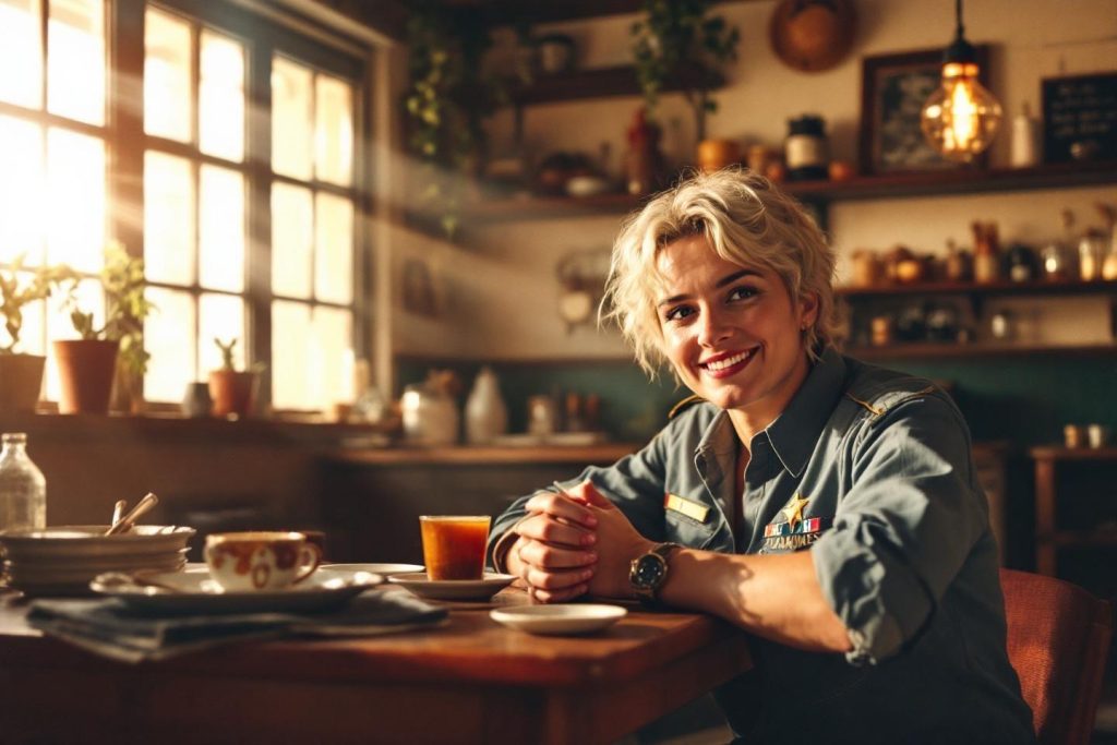 Femme souriante en uniforme assise dans une cuisine lumineuse