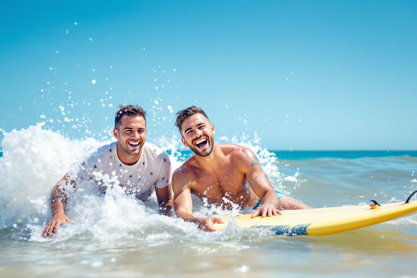 Deux amis surfant et riant dans des vagues bleues ensoleillées