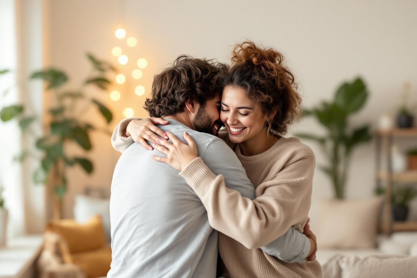 Couple enlacé, souriant dans un intérieur cosy et lumineux