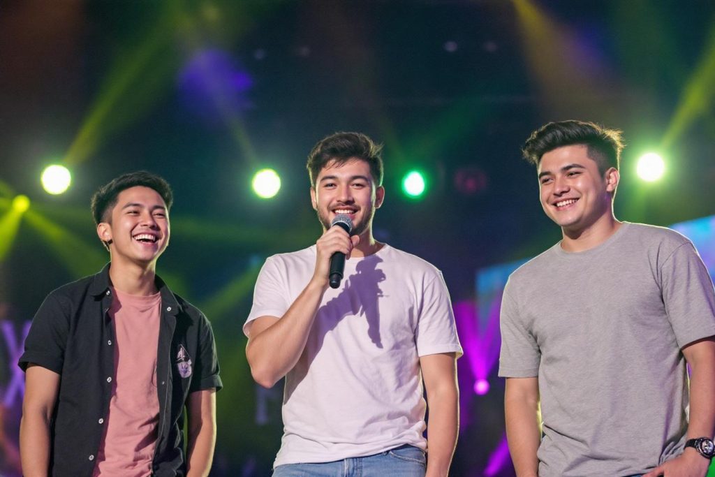 Trois jeunes hommes sur une scène colorée, un micro à la main