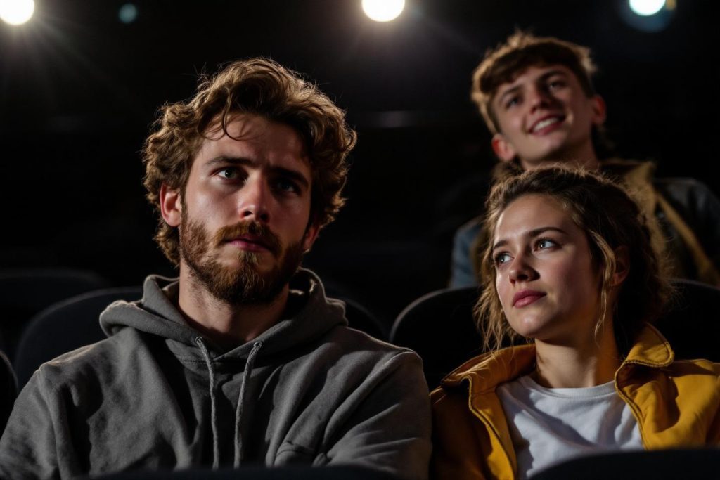 Trois jeunes regardant un écran dans une salle obscure