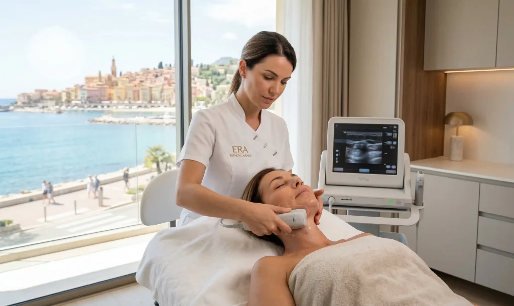 Un clinicien utilise un appareil portable sur le visage d'un patient dans une salle de soins médicaux avec vue sur la mer et une ville côtière à travers de grandes fenêtres.