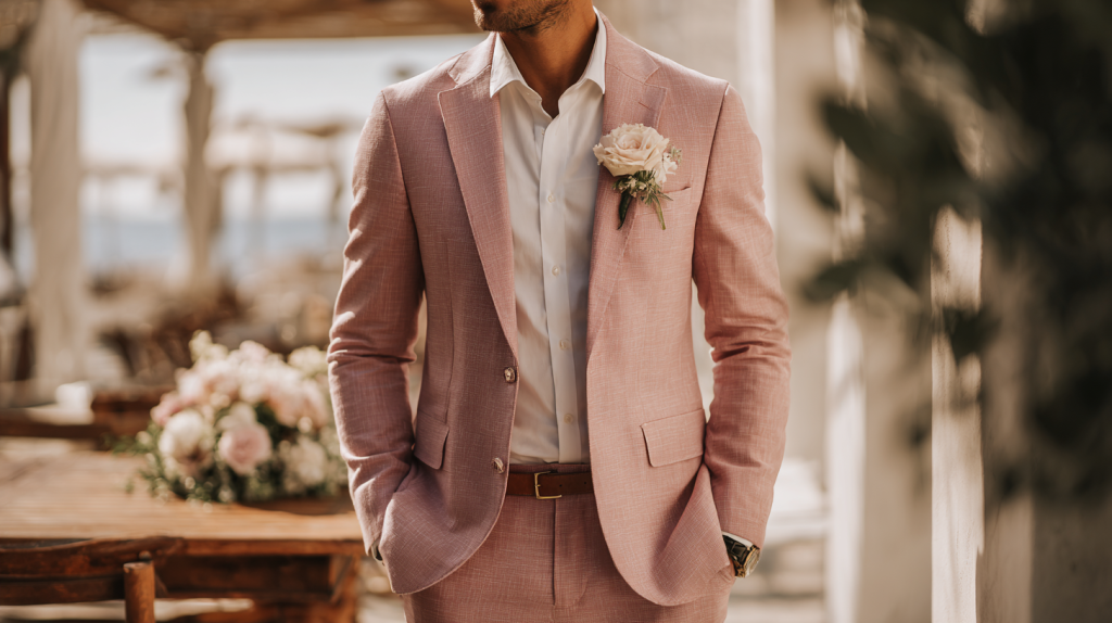 Un homme portant un costume rose pâle, une chemise blanche et une boutonnière se tient debout, une main dans la poche, sur un site en plein air décoré de fleurs.