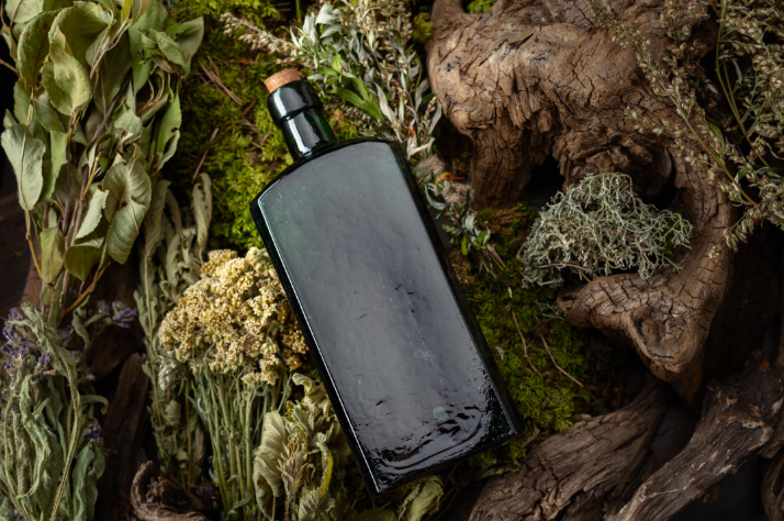 Une bouteille en verre vert foncé avec un bouchon repose sur un lit d'herbes séchées, de mousse et de morceaux de bois flotté.