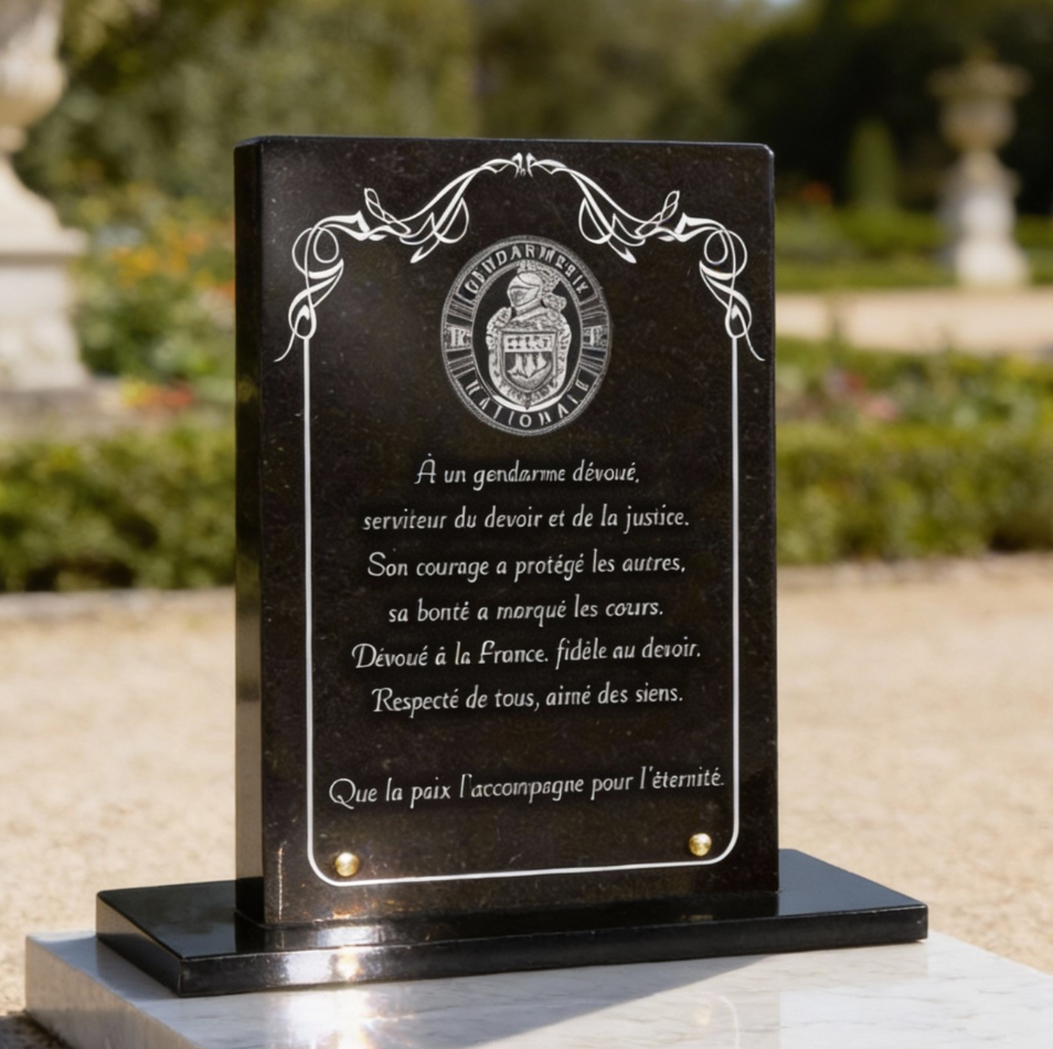 Plaque commémorative en marbre noir avec une gravure en français en l'honneur d'un gendarme dévoué, ornée d'un sceau officiel et de motifs décoratifs blancs, placée à l'extérieur sur une surface en pierre.