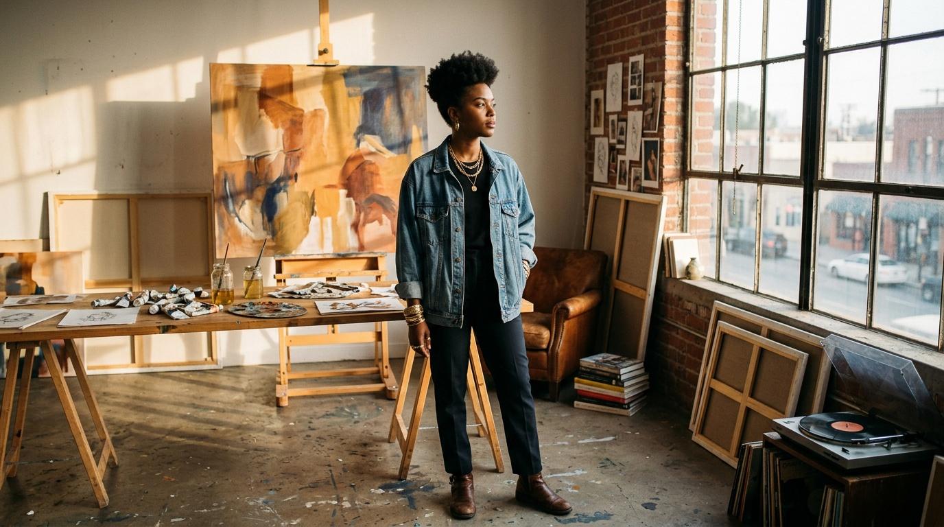Femme artiste debout dans un atelier avec tableaux et toiles