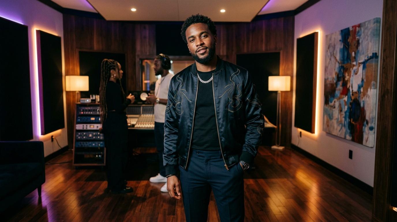 Homme en veste noire posant dans un studio d'enregistrement moderne