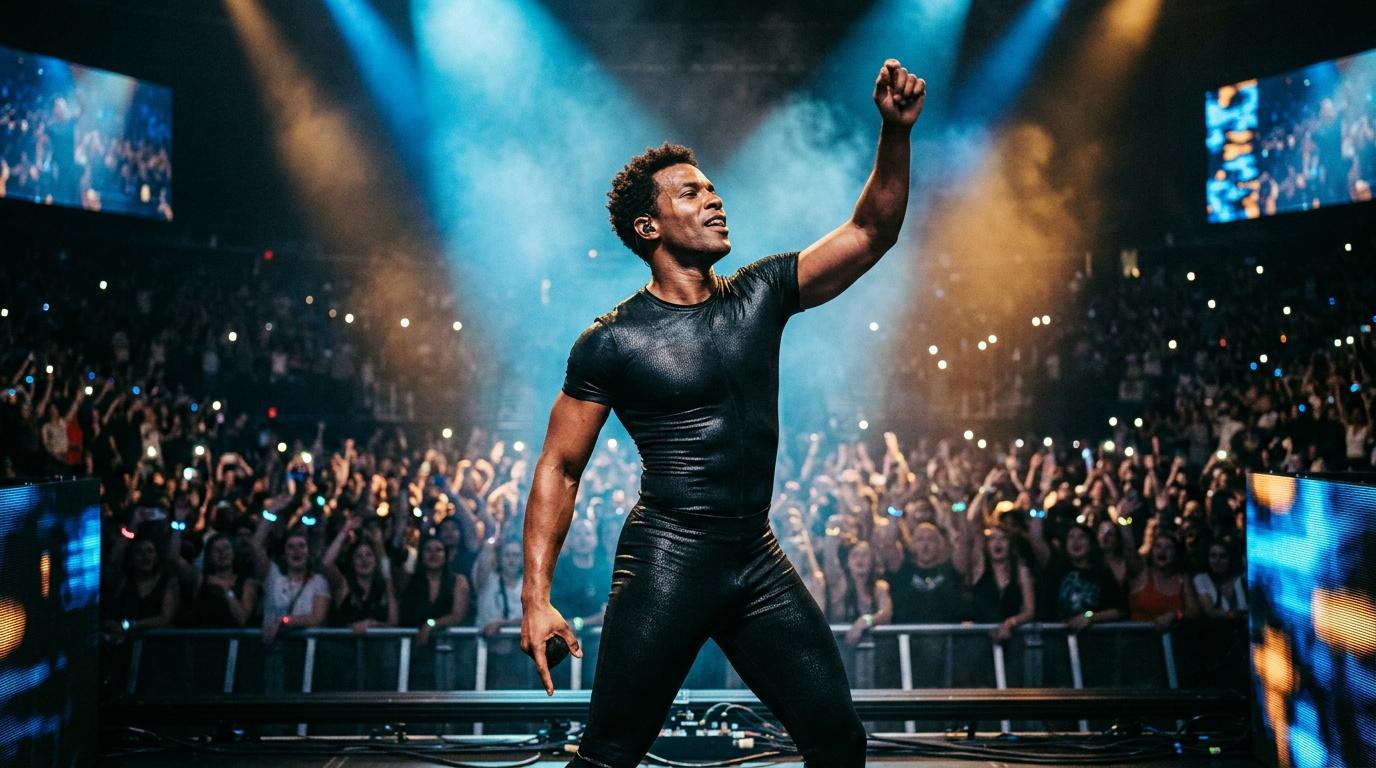 Performer sur scène, poing levé, devant public nombreux