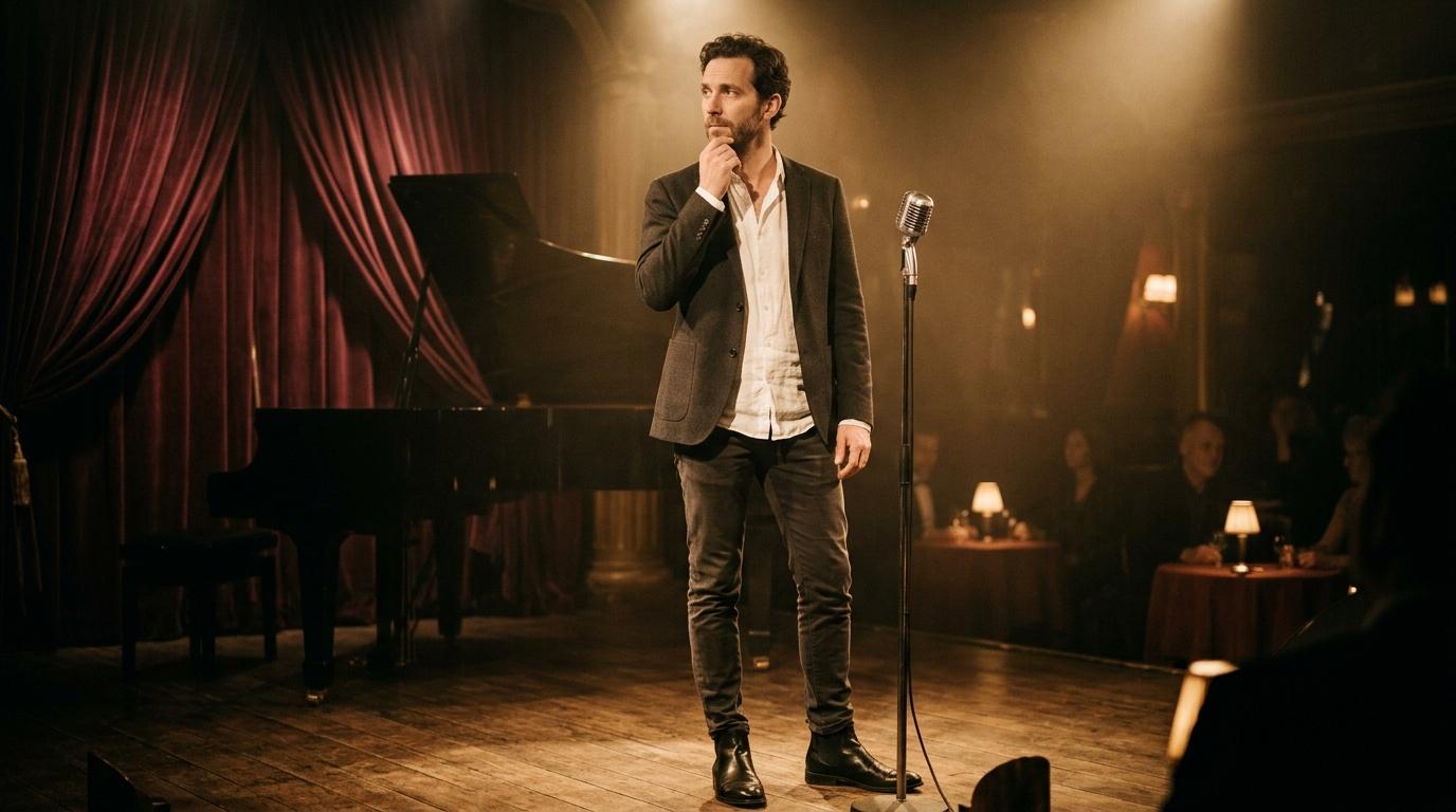 Homme élégant chantant au micro devant piano.