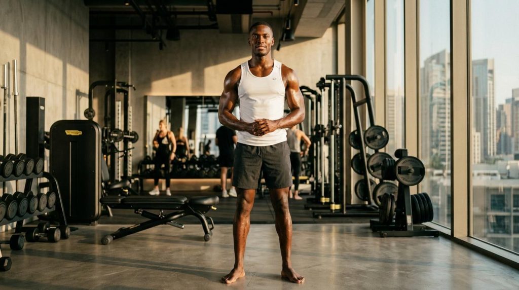 Homme musclé posant dans un gym haut de gamme avec vue sur la ville