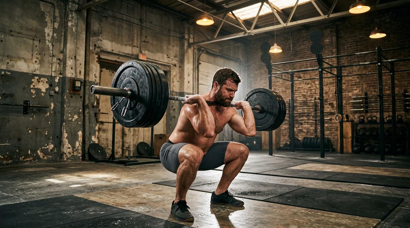 Homme musclé effectuant un squat avec barre chargée en salle de sport