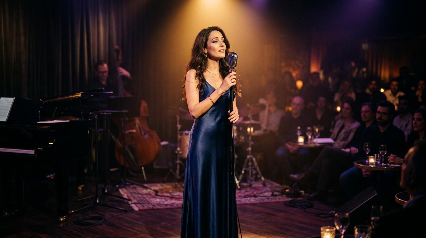 Femme chantant au microphone vintage en robe bleue