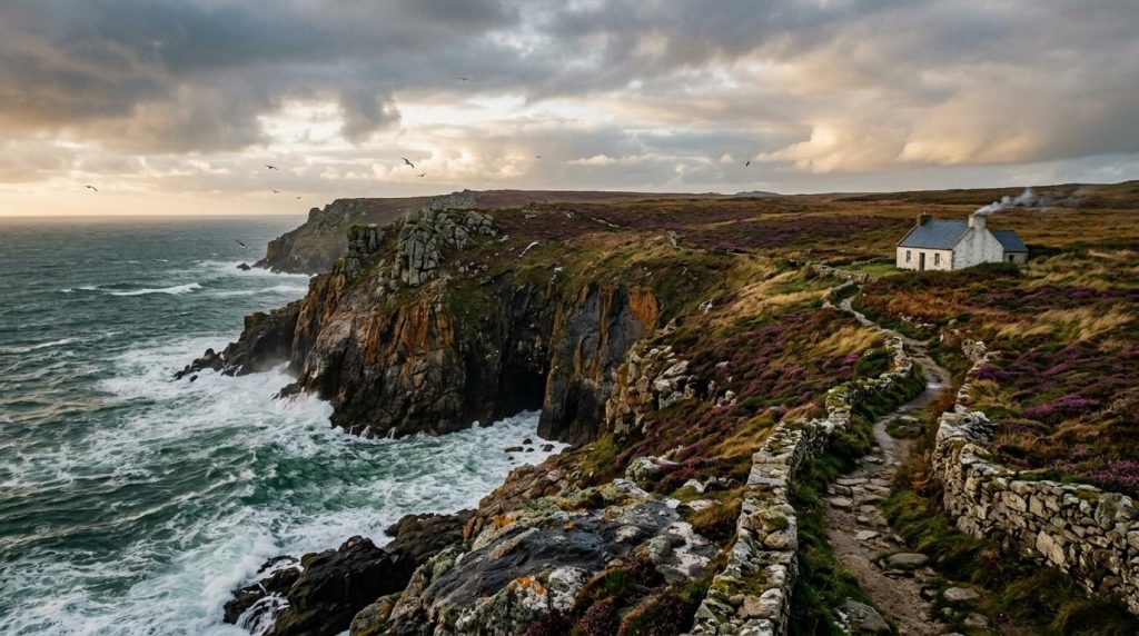 Maison blanche isolée sur falaises rocheuses surplombant l'océan