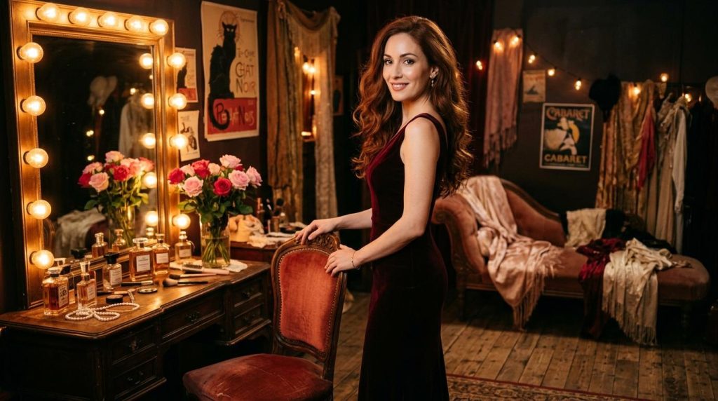 Femme en robe noire dans une loge de théâtre luxueuse