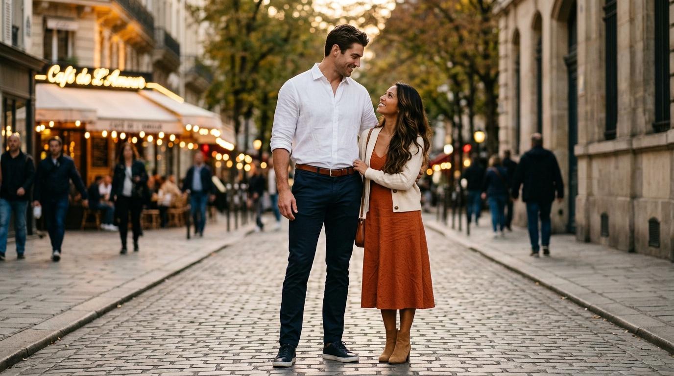 Couple marchant main dans main dans une rue pavée européenne.