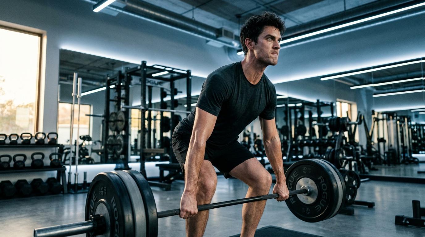 Homme soulevant une barre avec poids en salle de sport moderne
