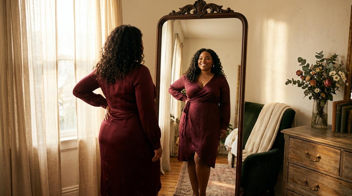Femme en robe bordeaux se regardant dans un miroir élégant