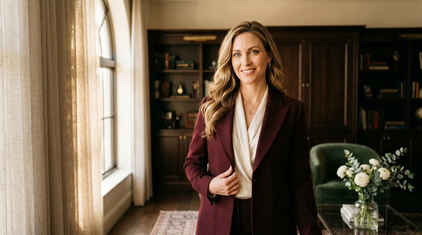 Femme souriante en blazer bordeaux dans un bureau contemporain