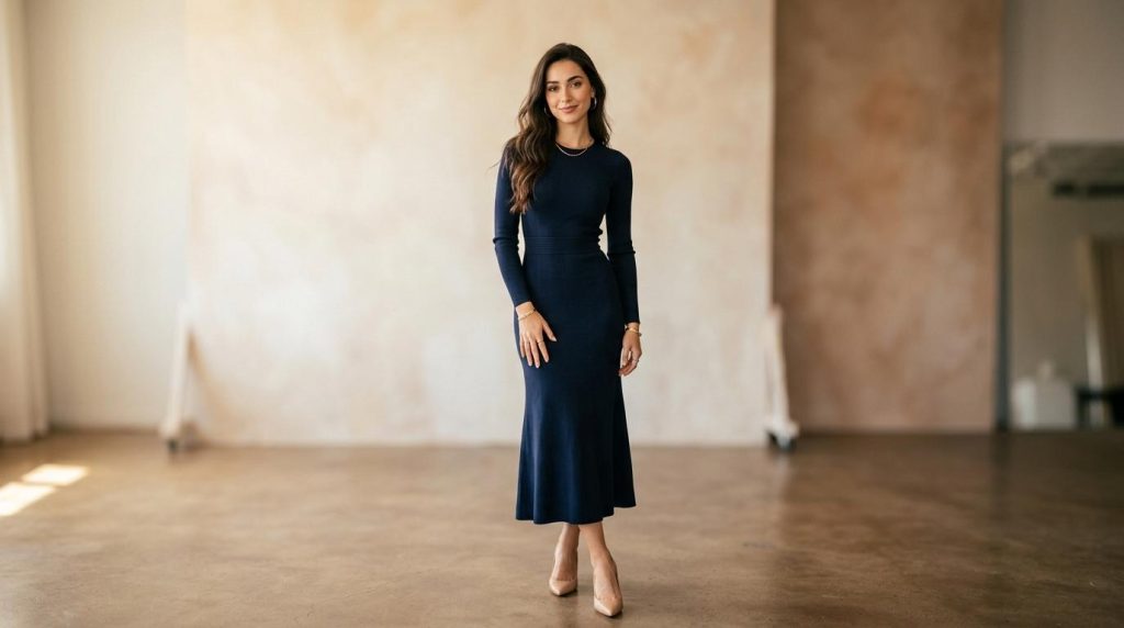 Femme souriante en robe bleu marine longue dans un espace vide