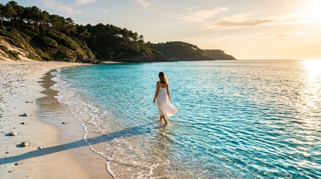 Femme en robe blanche marchant dans l'eau turquoise au coucher de soleil