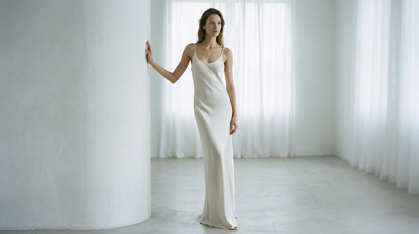 Femme portant robe blanche longue dans intérieur épuré