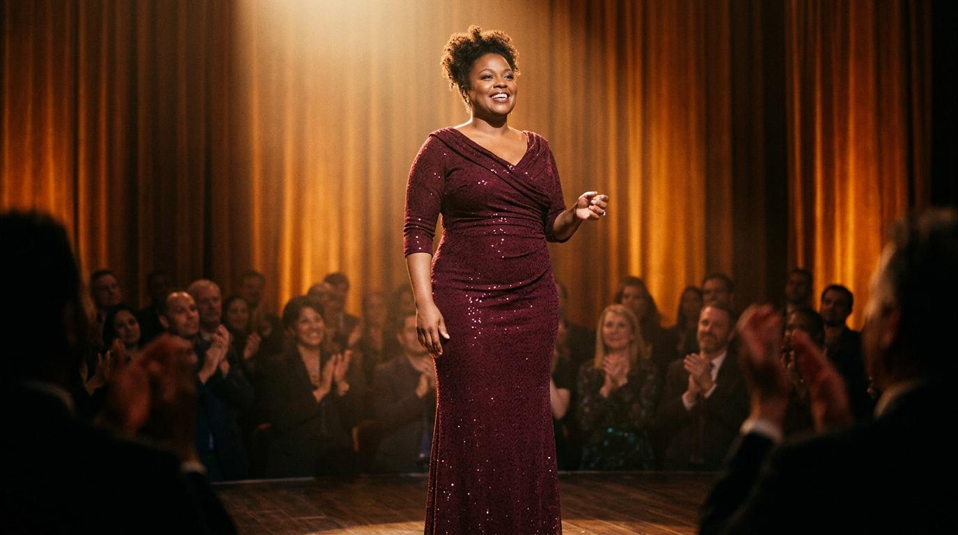 Femme souriante en robe bordeaux paillettes sur scène