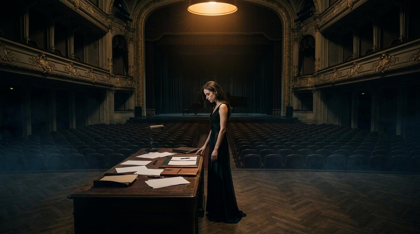 Femme en robe noire examiant des documents sur une table dans un théâtre désert