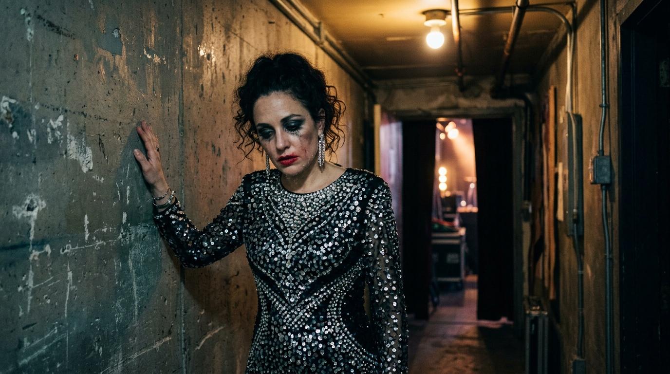 Femme en robe paillettes dans couloir sombre et délabré
