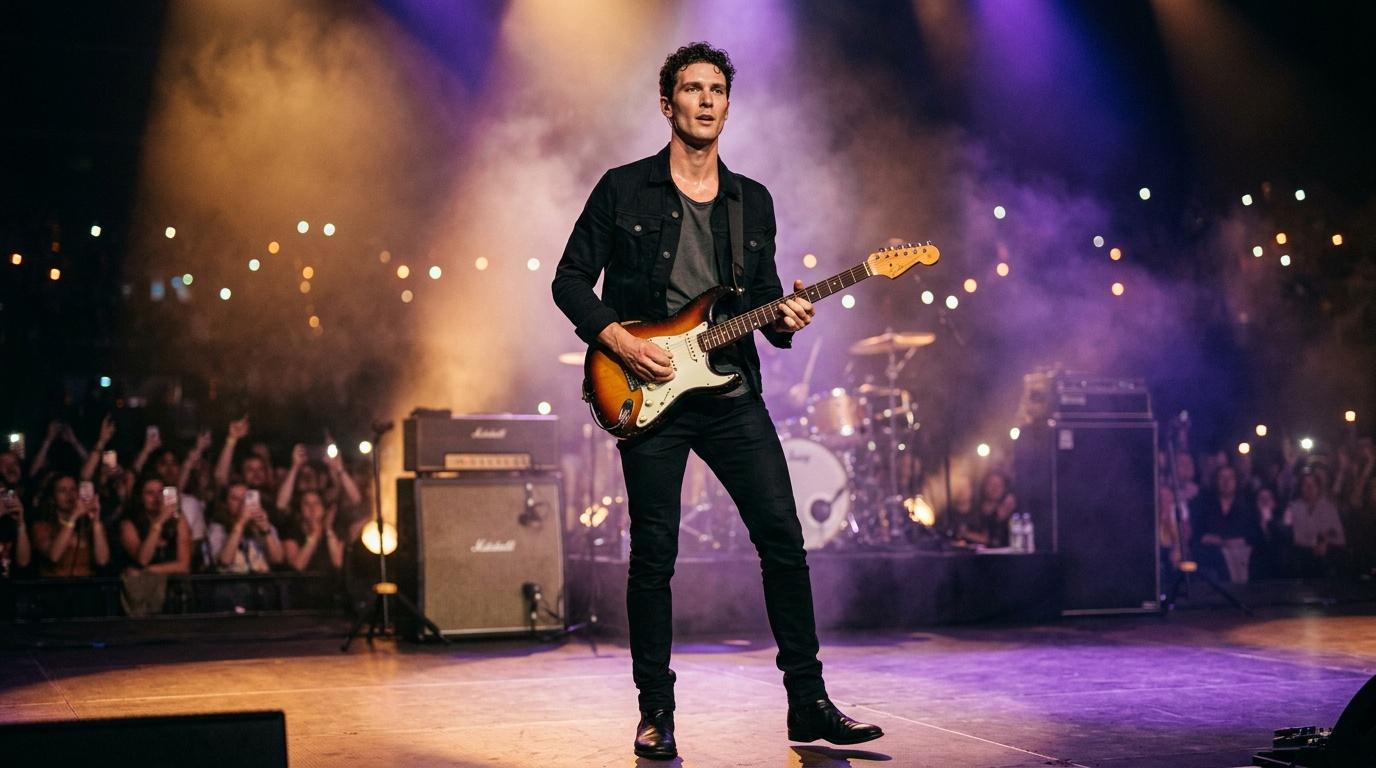 Musicien jouant de la guitare électrique devant public